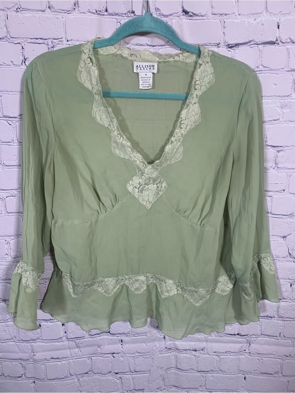 Allison Taylor VTG Womens Babydoll Sheer Green & Lace Top Sz M Forest Fairy Y2K